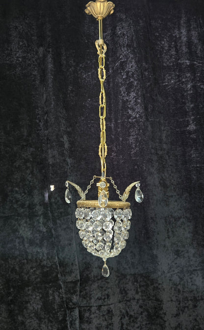 Petite Vintage French Crystal Half Bag Brass 1 Light Leaf Chandelier Light