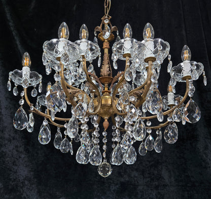 Fabulous Large Vintage Italian Heavy 8 Arm 16 Light Brass Crystal Chandelier