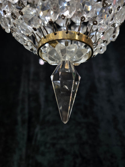 Petite Antique French Crystal Half Bag Brass 1 Light Chandelier Ceiling Light