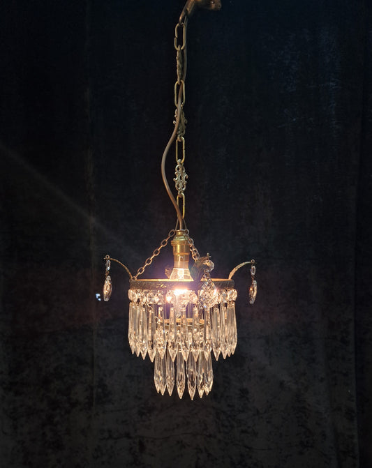 Lovely Antique French Brass Dainty 1 Light Glass Waterfall Leaf Chandelier