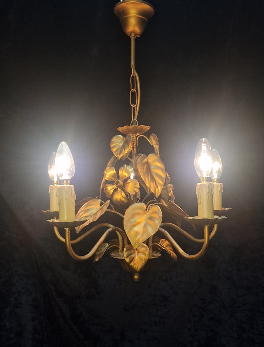 Pretty Vintage French 5 Arm Foliage Toleware Gilded Chandelier Light
