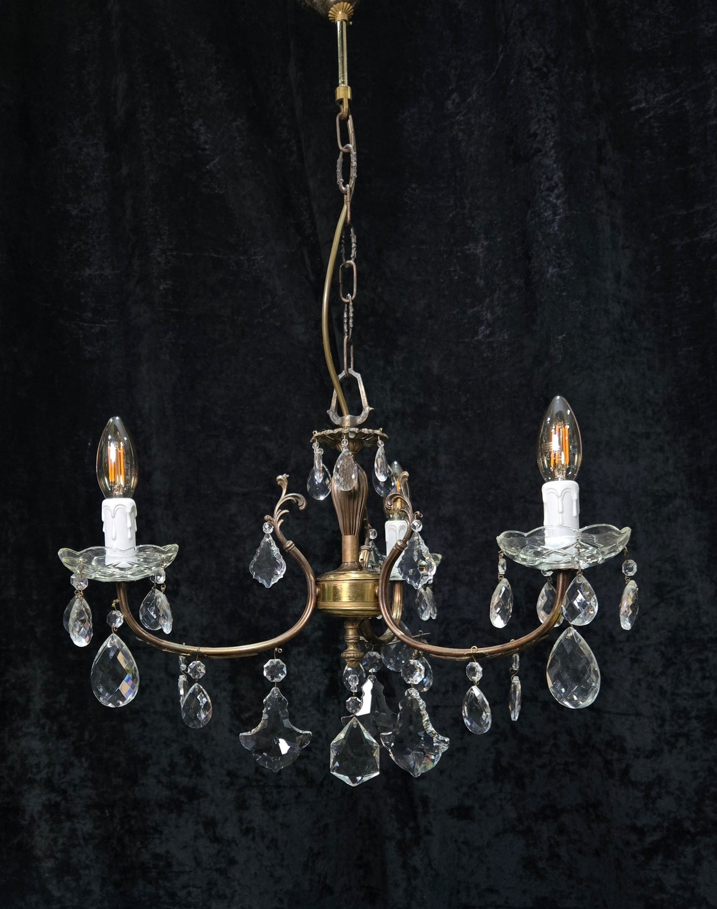 Lovely Vintage Italian 3 Arm Brass Foliage Crystal Chandelier Ceiling Light