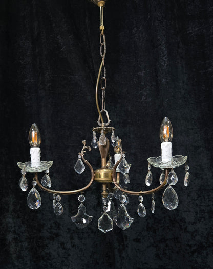Lovely Vintage Italian 3 Arm Brass Foliage Crystal Chandelier Ceiling Light