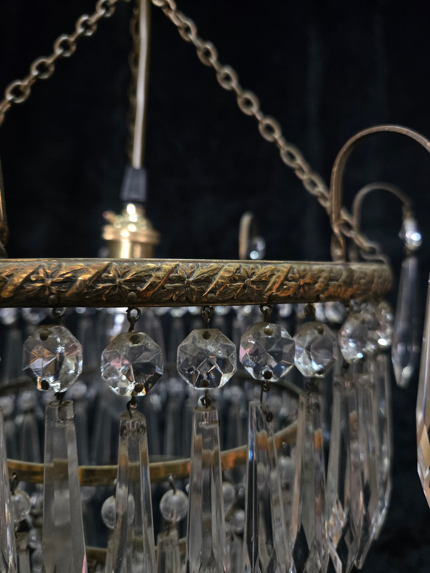 Fabulous Antique French Brass 4 Tier Waterfall Crystal Chandelier Ceiling Light