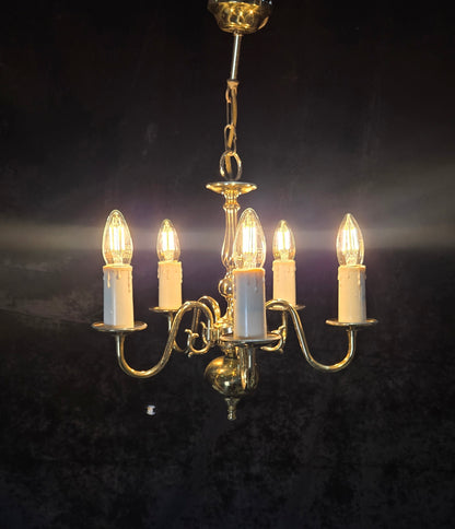 Classical Vintage Small 5 Arm Polished Brass Flemish Chandelier Ceiling Light