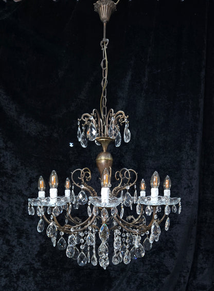 Fabulous Large Vintage Italian Heavy 8 Arm Leaf Crystal Chandelier Ceiling Light