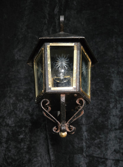 Traditional Antique Wrought Iron Starburst Cut Glass Outdoor Wall Lantern Light