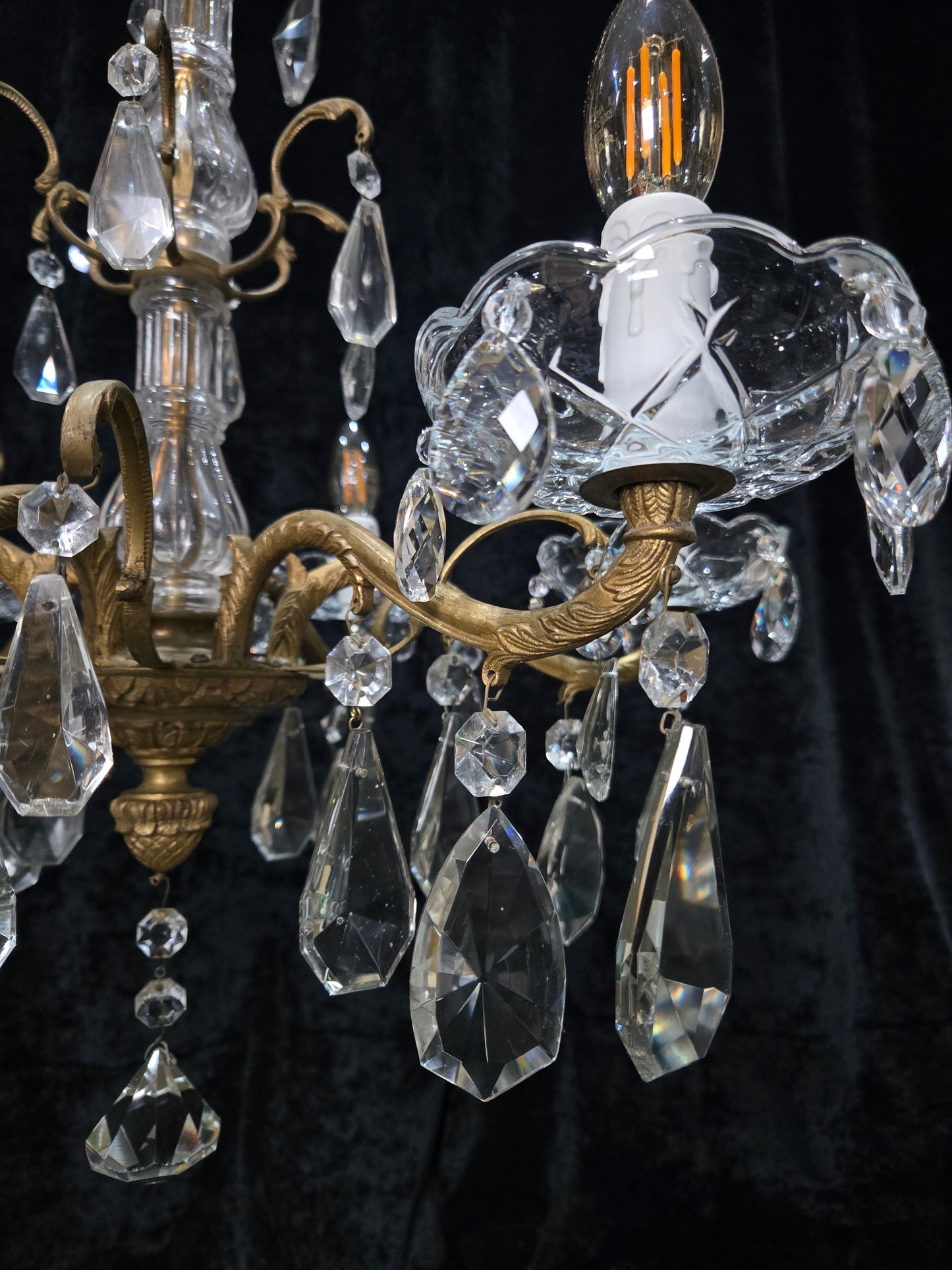 Fabulous Antique French 6 Arm Brass 2 Tier Crystal Chandelier Ceiling Light