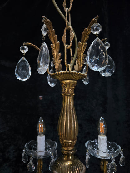 Gorgeous Heavy Vintage Italian 6 Arm Brass Leaf Crystal Chandelier Ceiling Light