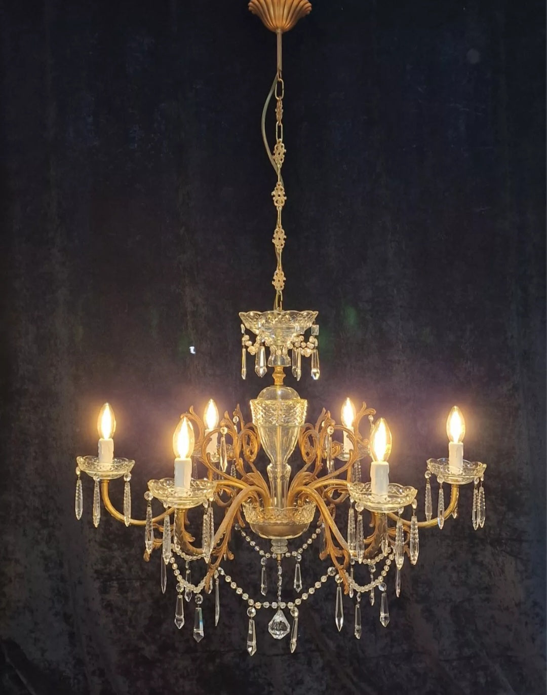 Stunning Large Vintage Italian 6 Arm Brass Crystal and Glass Chandelier Light