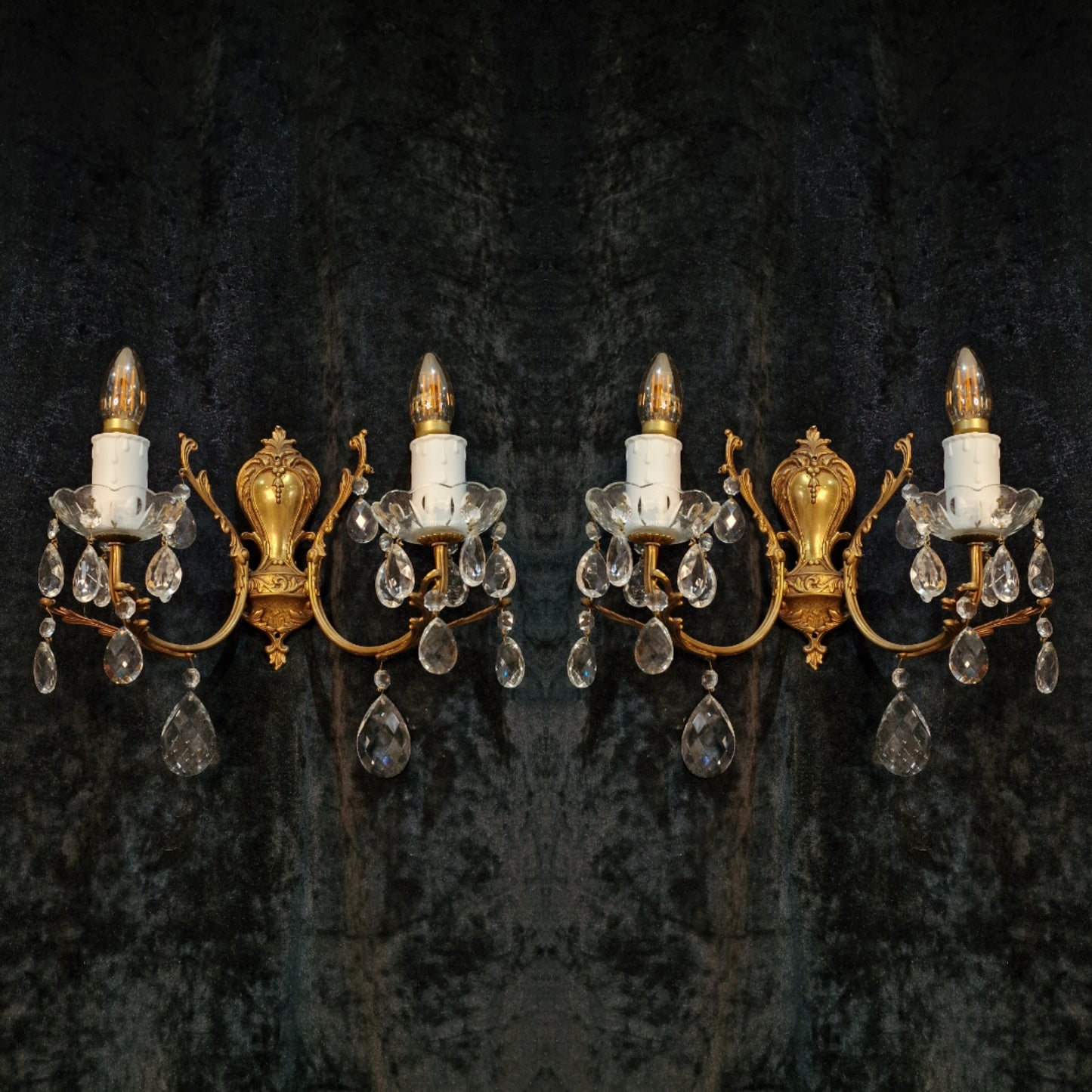 Lovely Pair of Vintage French Leaf Brass Crystal 2 Arm Wall Lights Sconces