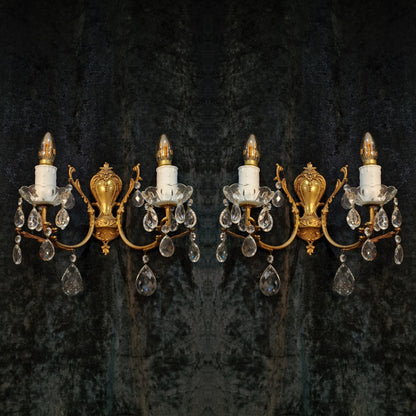 Lovely Pair of Vintage French Leaf Brass Crystal 2 Arm Wall Lights Sconces