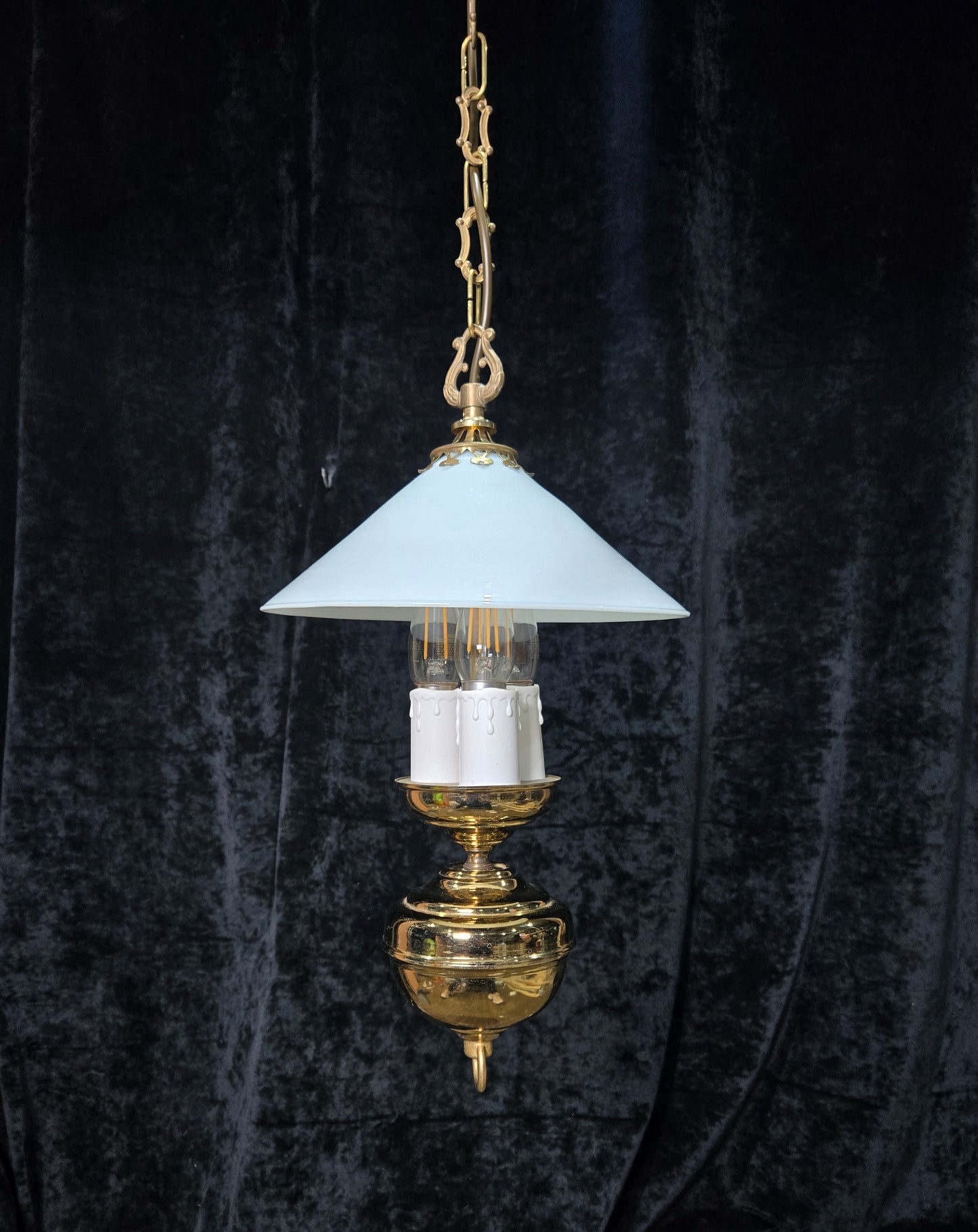 Unique Vintage Milk Glass Brass Bouillotte Oil Lamp Style 3 Light Chandelier