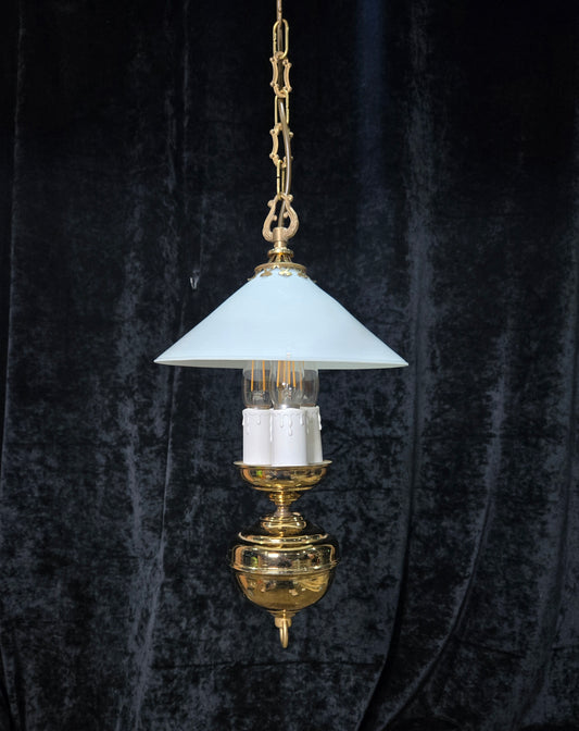 Unique Vintage Milk Glass Brass Bouillotte Oil Lamp Style 3 Light Chandelier