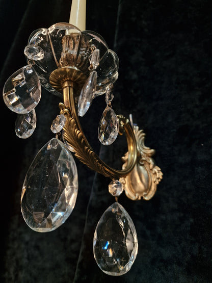 Lovely Pair Vintage Italian 1 Arm Brass Crystal Candle Wall Lights Wall Sconces