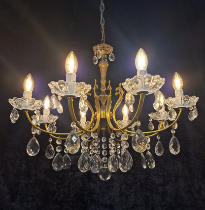Lovely Vintage Italian 8 Arm 2 Tone Brass Leaf Crystal Chandelier Ceiling Light