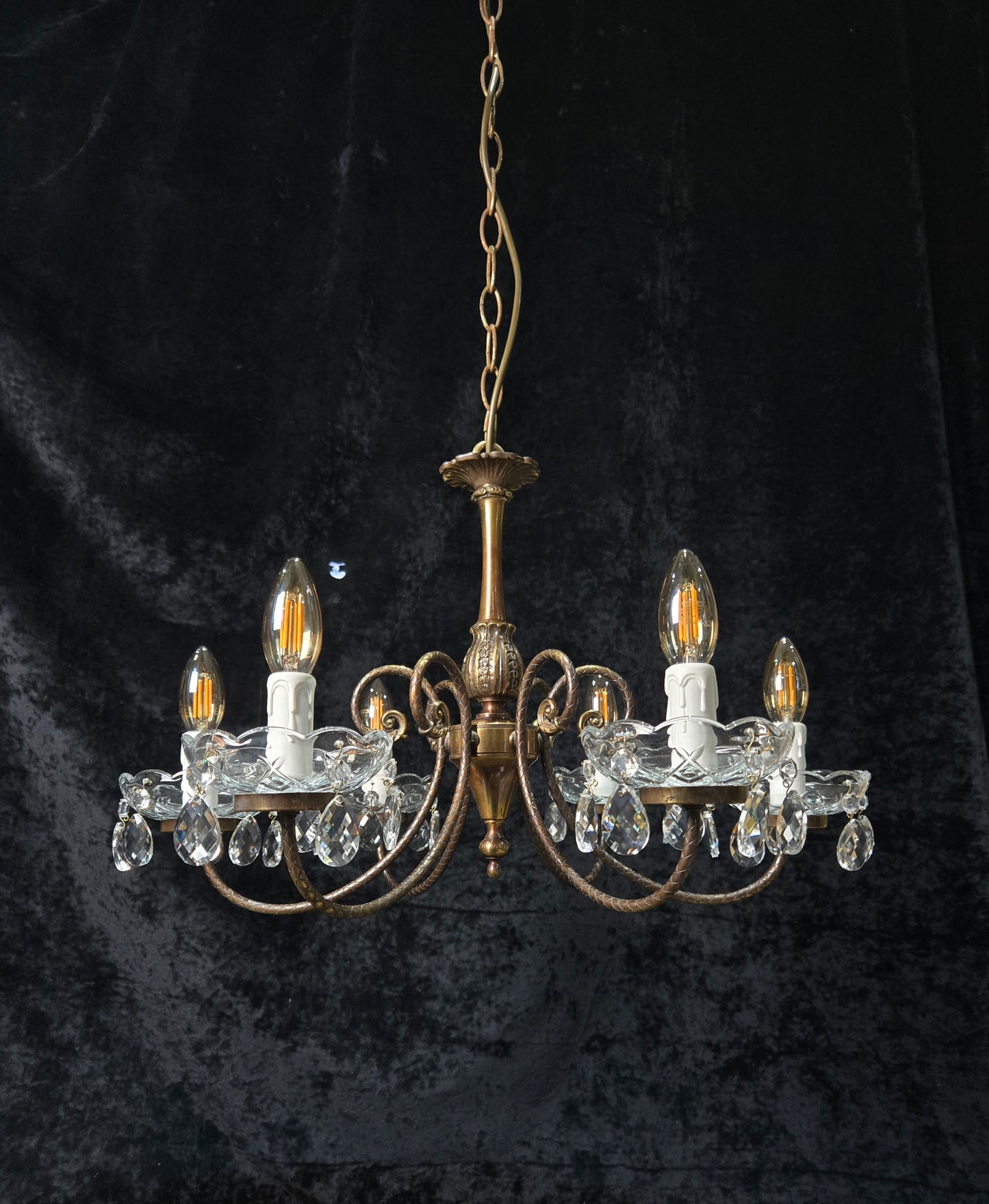 Classical Vintage Italian Brass 6 Arm Glass Crystal Chandelier Ceiling Light