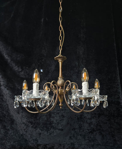 Classical Vintage Italian Brass 6 Arm Glass Crystal Chandelier Ceiling Light