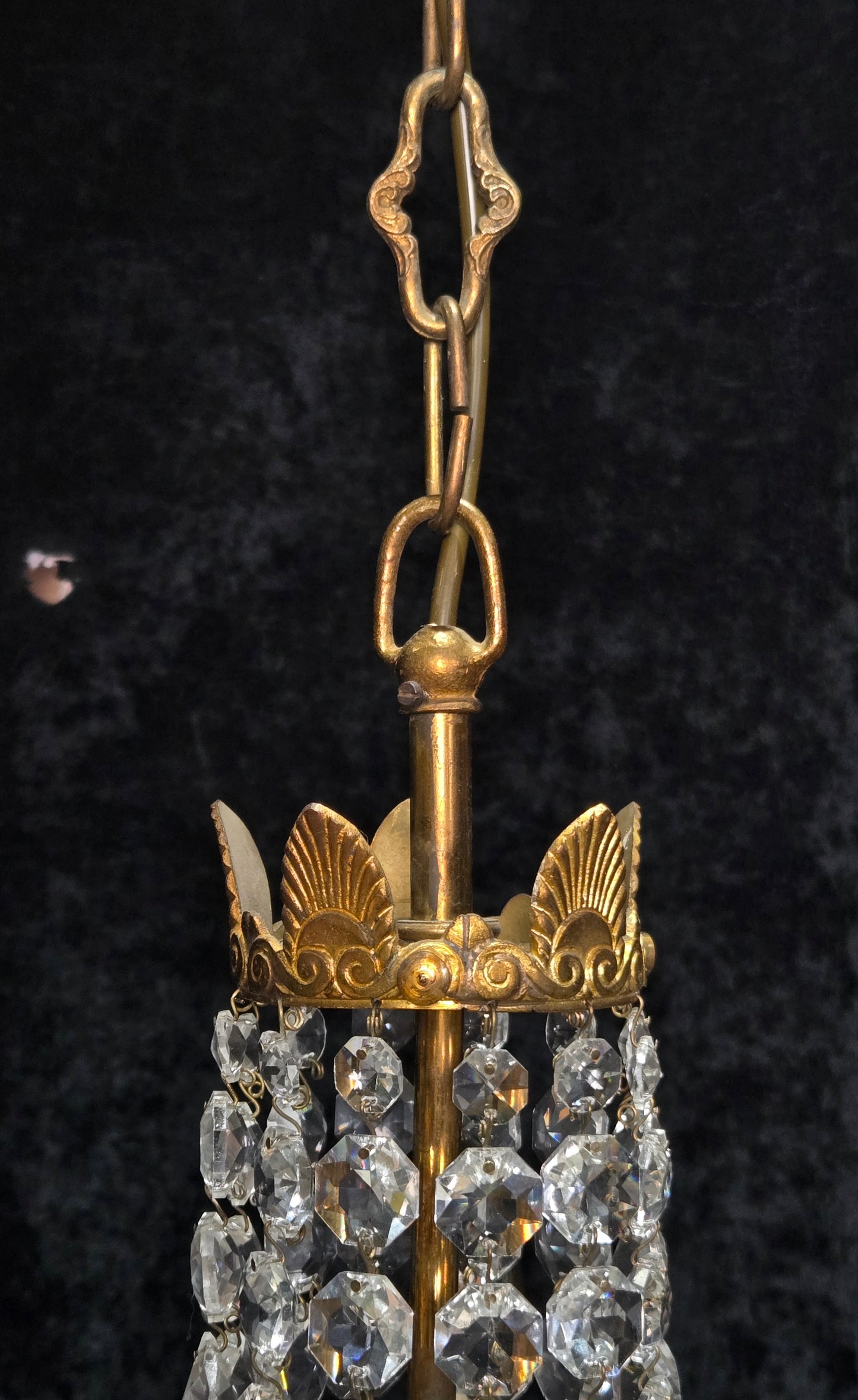 Traditional Vintage French 3 Arm Brass and Crystal Montgolfiere Bag Chandelier
