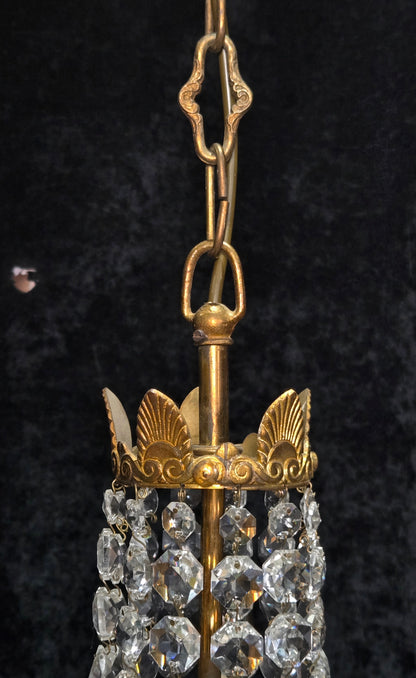 Traditional Vintage French 3 Arm Brass and Crystal Montgolfiere Bag Chandelier