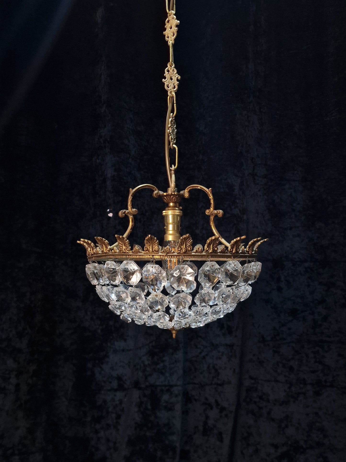 Lovely Vintage French 1 Light Half Bag Crystal Basket Brass Chandelier Light