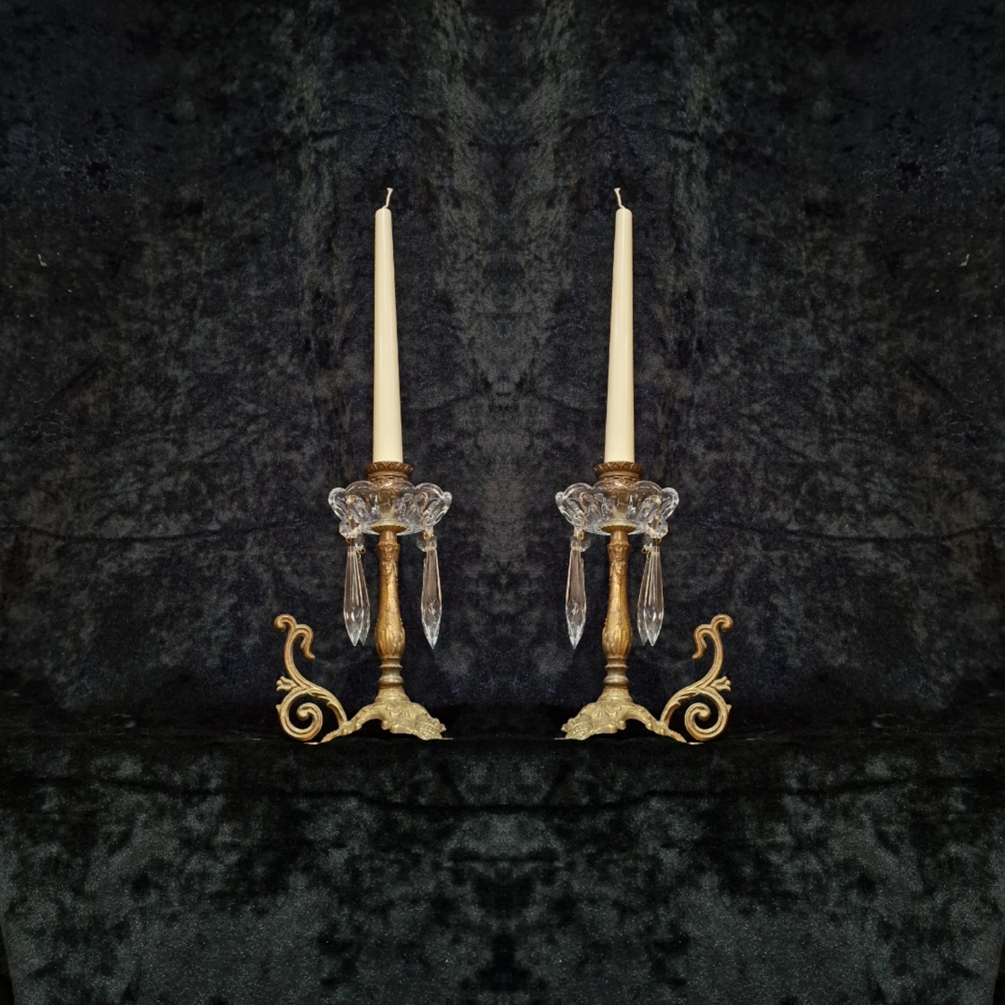 Lovely Pair of Elegant Vintage Italian Brass and Glass Crystal Candlesticks