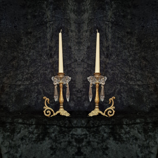 Lovely Pair of Elegant Vintage Italian Brass and Glass Crystal Candlesticks