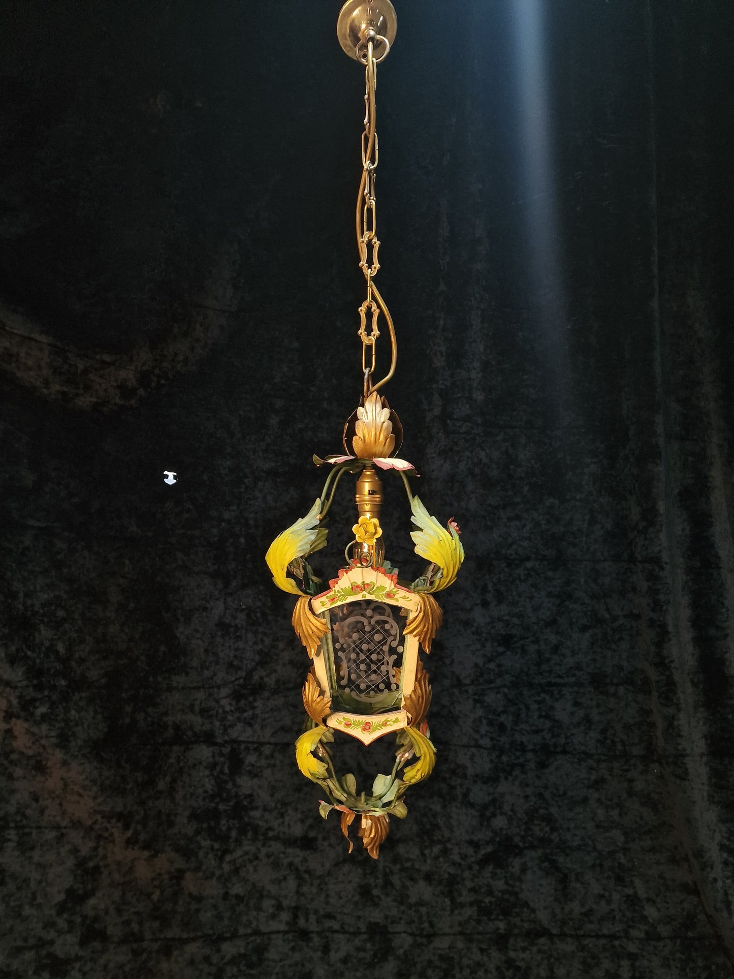 Florentine Vintage Italian Hand Painted Toleware Iron Lantern Ceiling Light