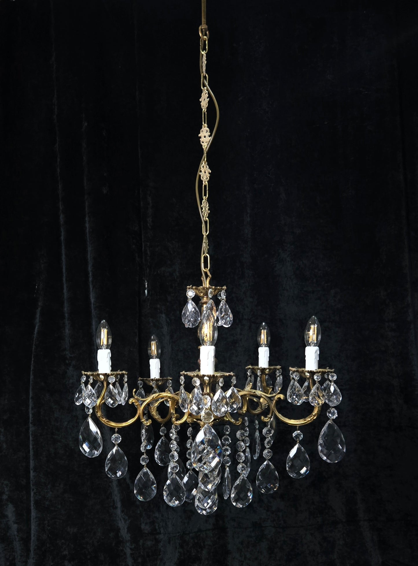 Fabulous Vintage French 5 Arm Brass Heavy Crystal Leaf Chandelier Ceiling Light
