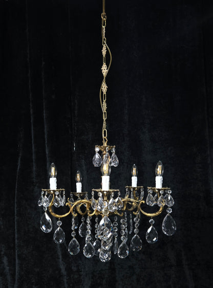 Fabulous Vintage French 5 Arm Brass Heavy Crystal Leaf Chandelier Ceiling Light