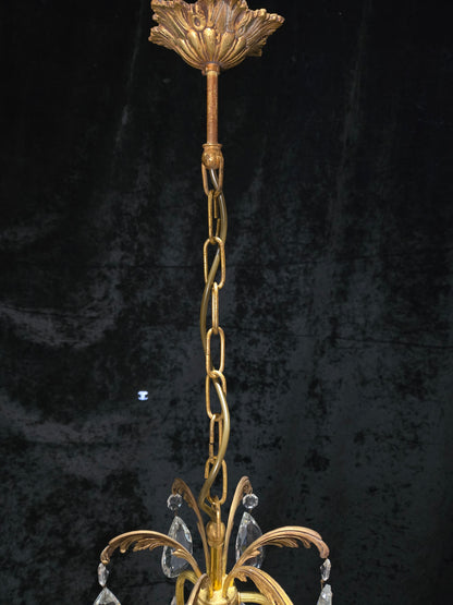 Beautiful Vintage Italian 3 Arm Brass Crystal Cage Leaf Chandelier Ceiling Light