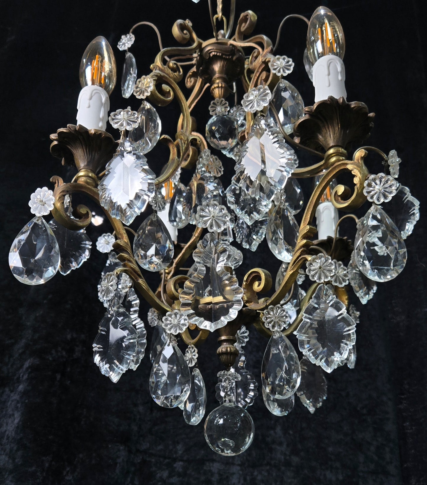 Gorgeous Heavy Antique French 4 Arm Caged Bronze Crystal Chandelier Light