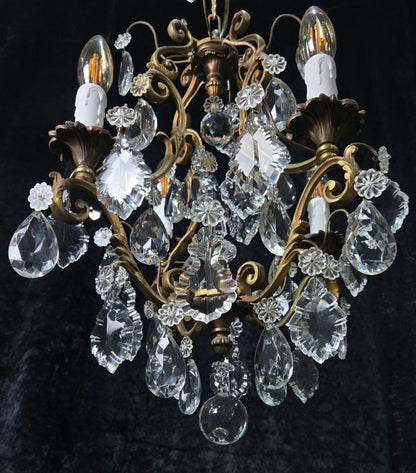 Gorgeous Heavy Antique French 4 Arm Caged Bronze Crystal Chandelier Light