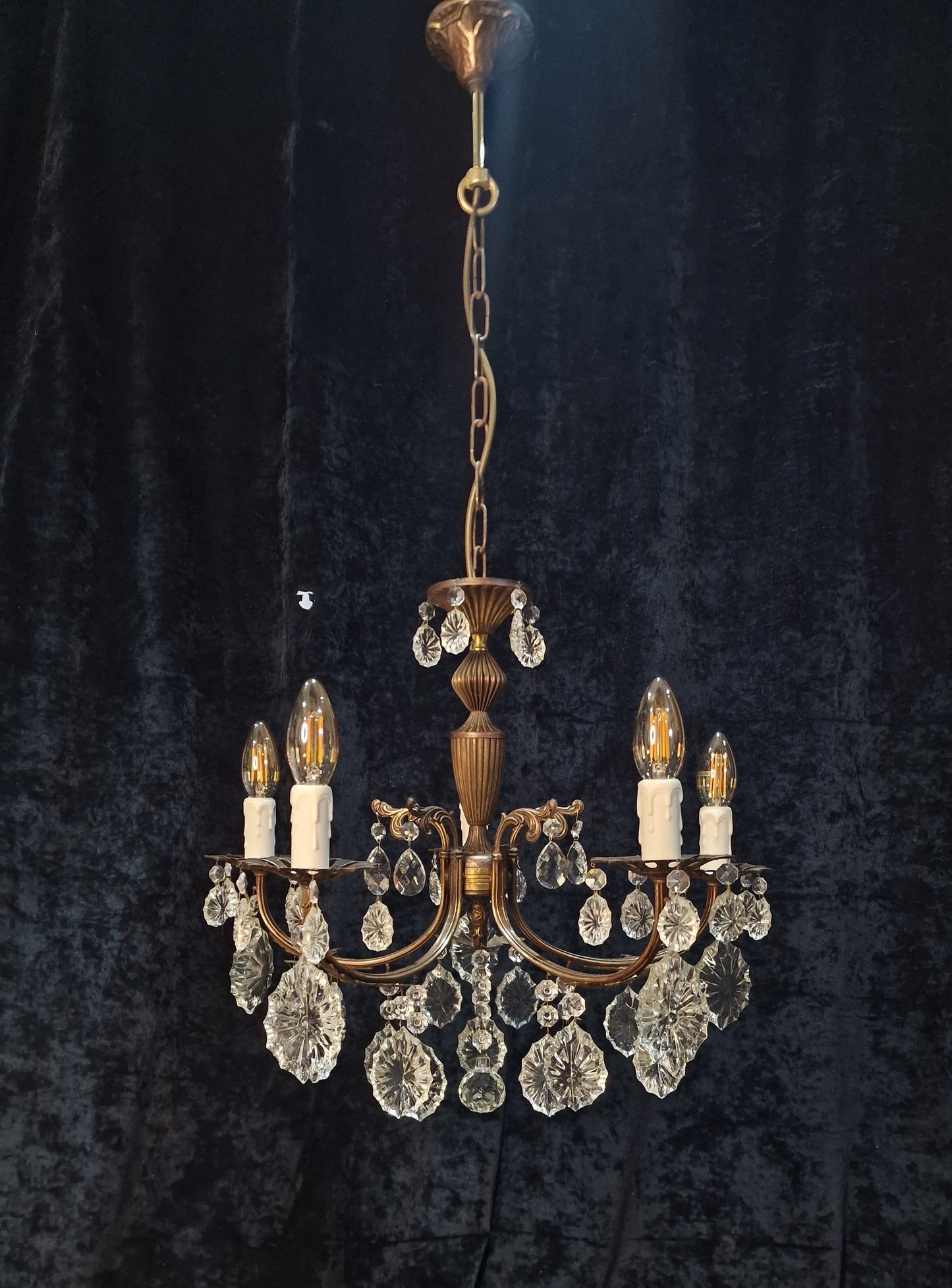 Beautiful Elegant Vintage Italian 5 Arm Brass Crystal Chandelier Ceiling Light