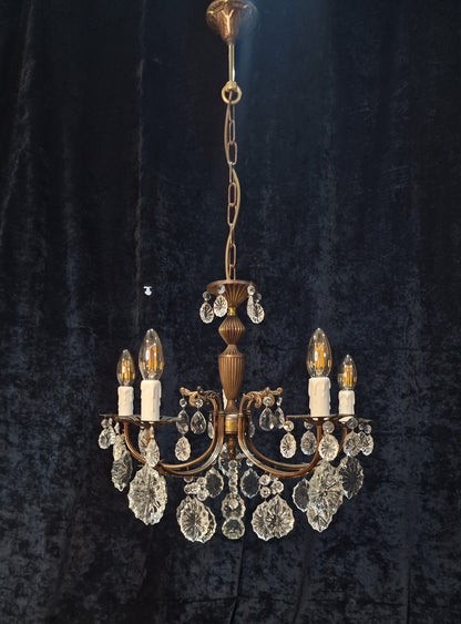 Beautiful Elegant Vintage Italian 5 Arm Brass Crystal Chandelier Ceiling Light