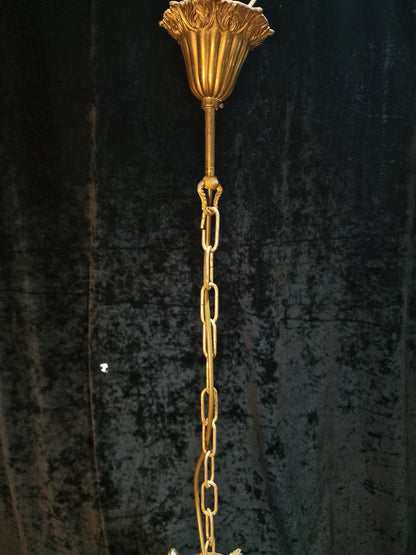 Beautiful Vintage Italian 8 Arm Brass and Crystal Leaf Chandelier Ceiling Light