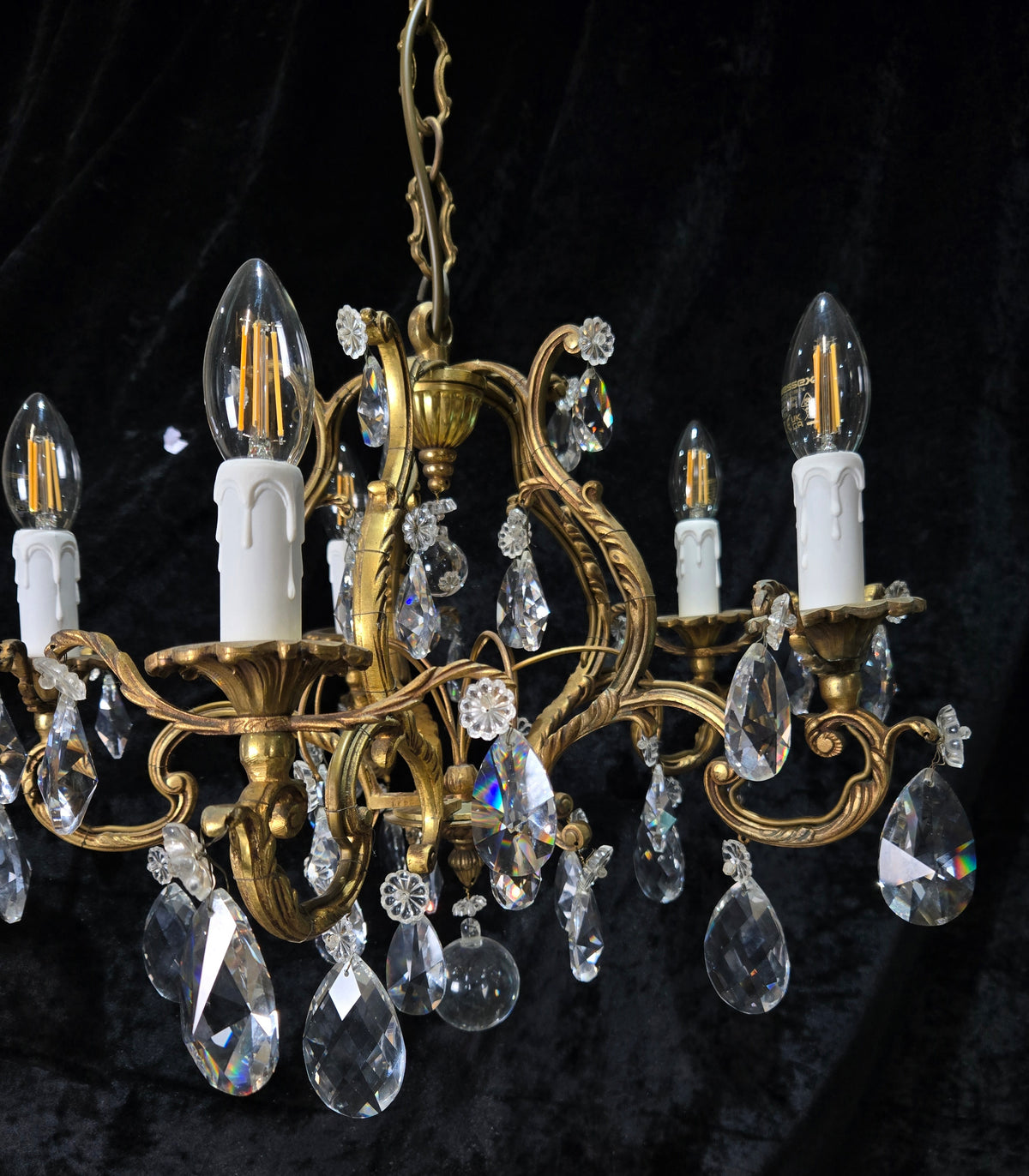 Traditional Antique French 5 Arm Heavy Bronze Cage Crystal Chandelier Light