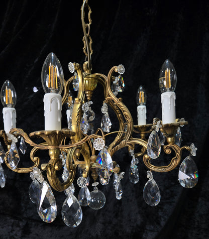 Traditional Antique French 5 Arm Heavy Bronze Cage Crystal Chandelier Light