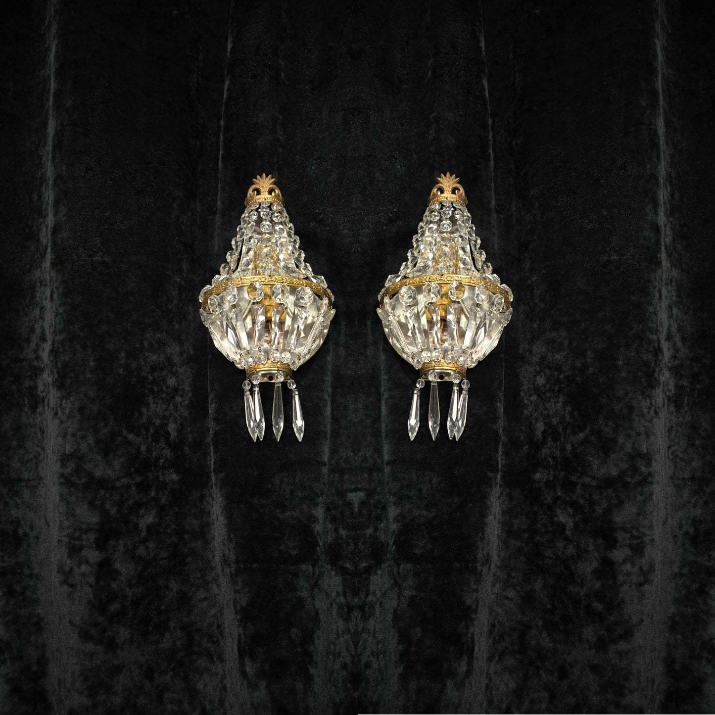 Stunning Pair Vintage French Brass Crystal Montgolfiere Sconces Wall Lights