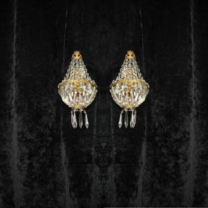 Stunning Pair Vintage French Brass Crystal Montgolfiere Sconces Wall Lights