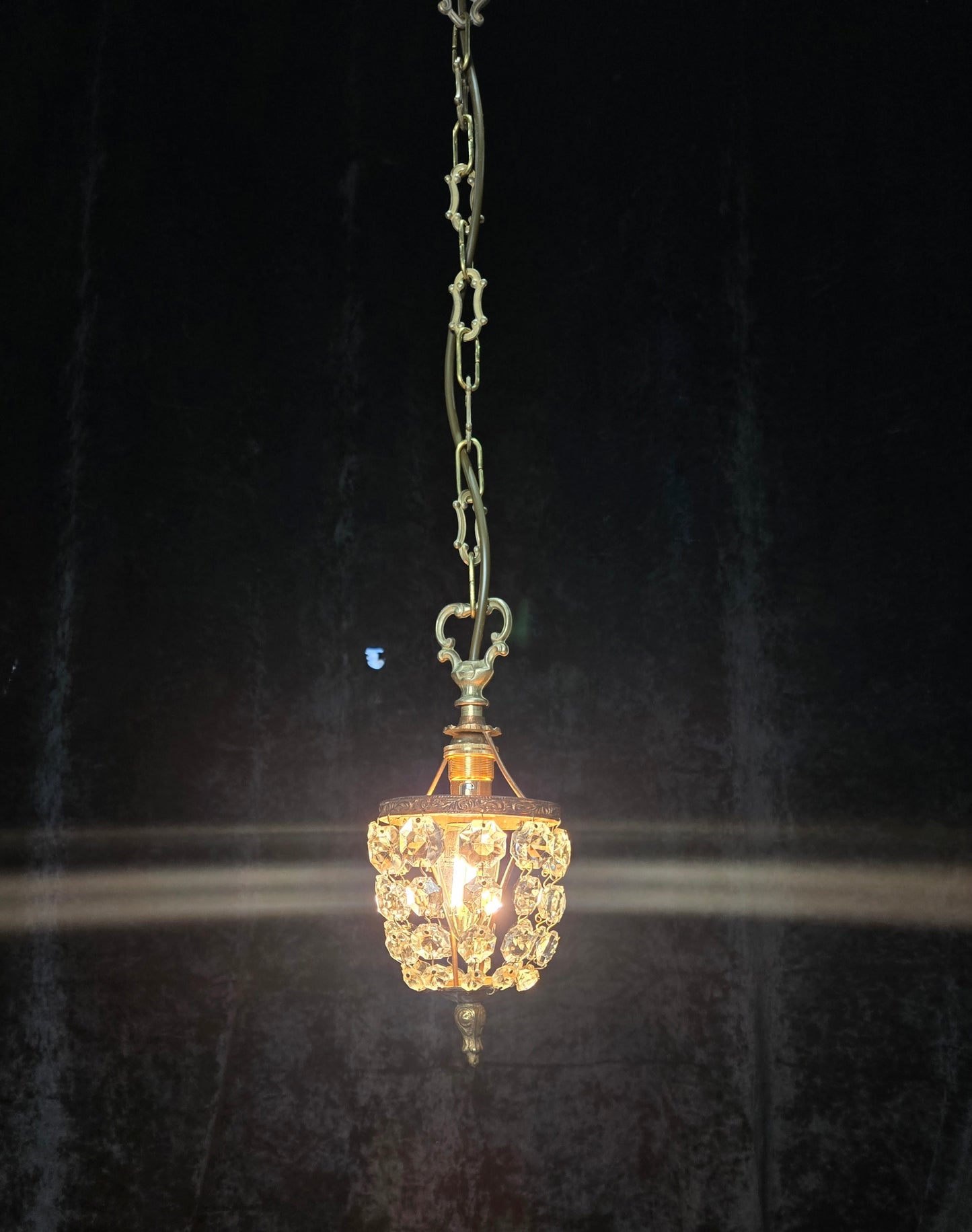Petite Vintage French Crystal Half Bag Brass 1 Light Chandelier Ceiling Light