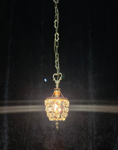 Petite Vintage French Crystal Half Bag Brass 1 Light Chandelier Ceiling Light