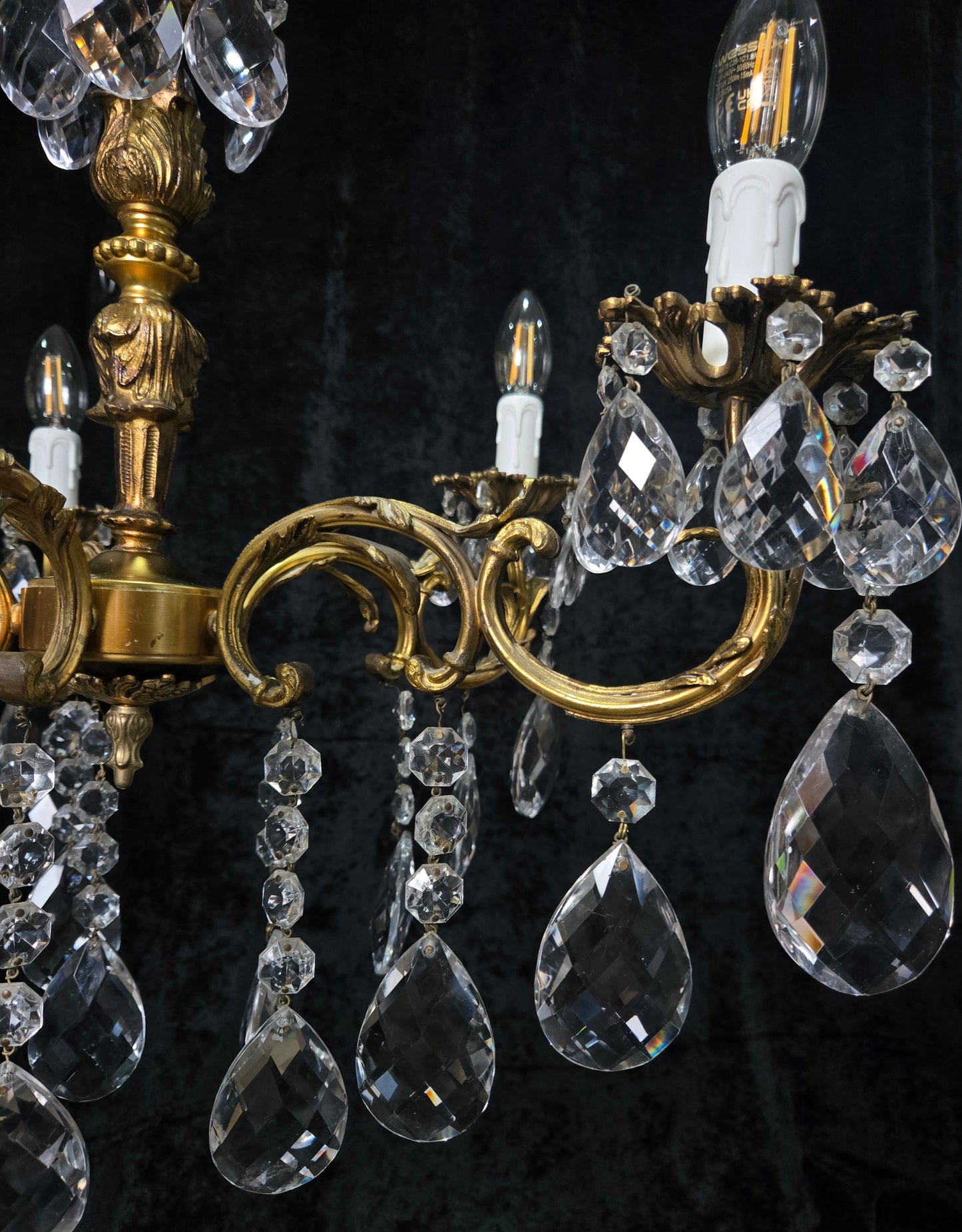 Fabulous Vintage French 5 Arm Brass Heavy Crystal Leaf Chandelier Ceiling Light