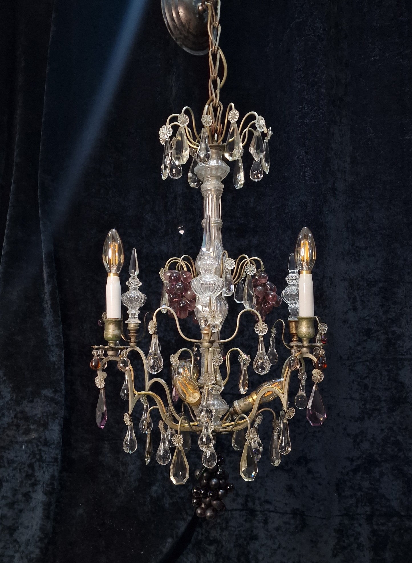 Exceptional Antique French 6 Light Murano Grape Crystal Solid Brass Chandelier