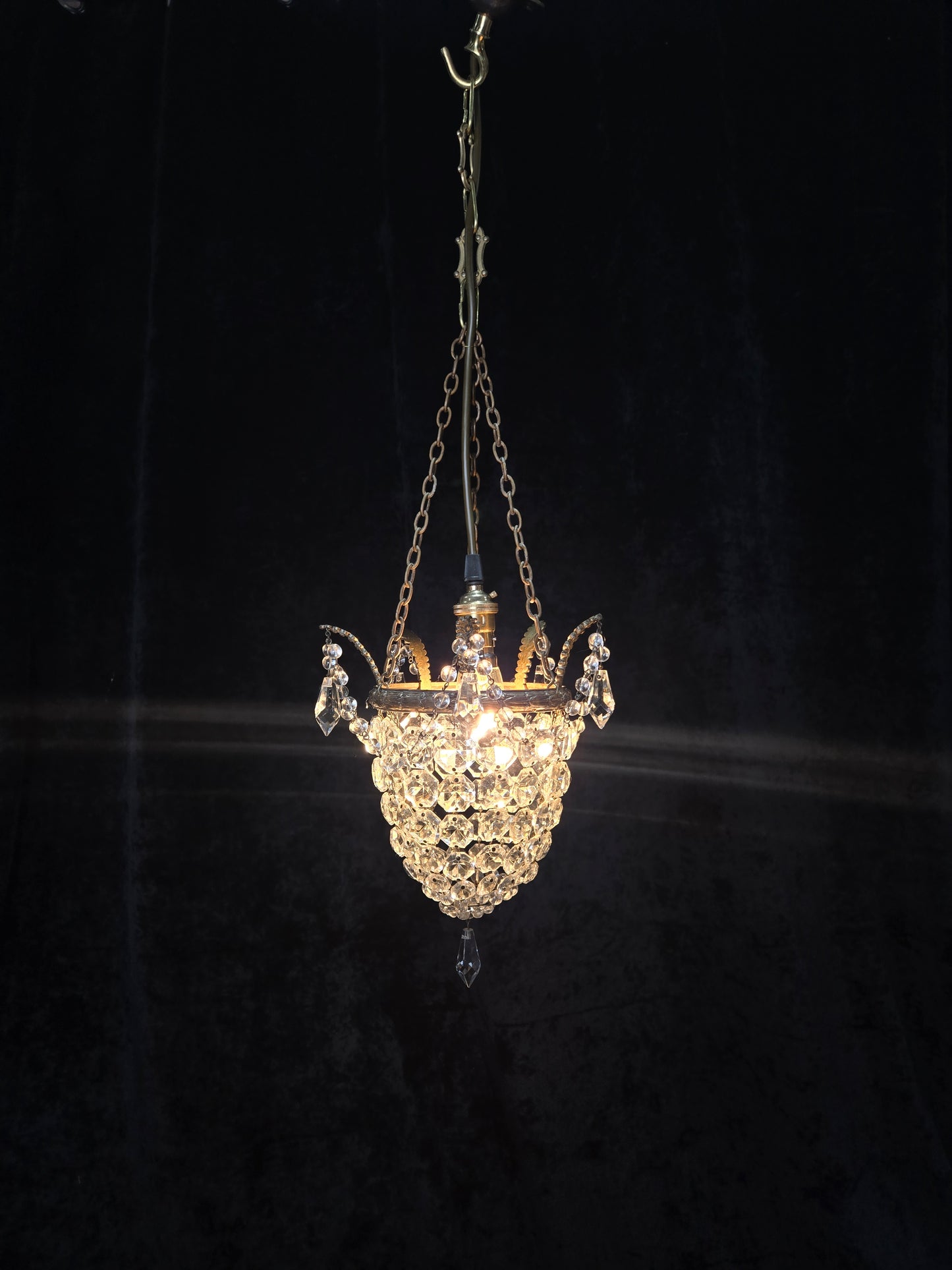 Beautiful Antique French Crystal Bag Brass Leaf Chandelier Ceiling Light