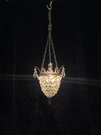Beautiful Antique French Crystal Bag Brass Leaf Chandelier Ceiling Light