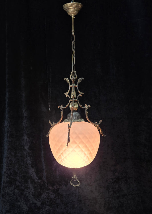 Decorative Large Vintage 2 Light Italian Brass Glass Lantern Ceiling Light