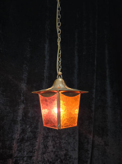 Lovely Vintage French Coloured Glass Copper Lantern Ceiling Light