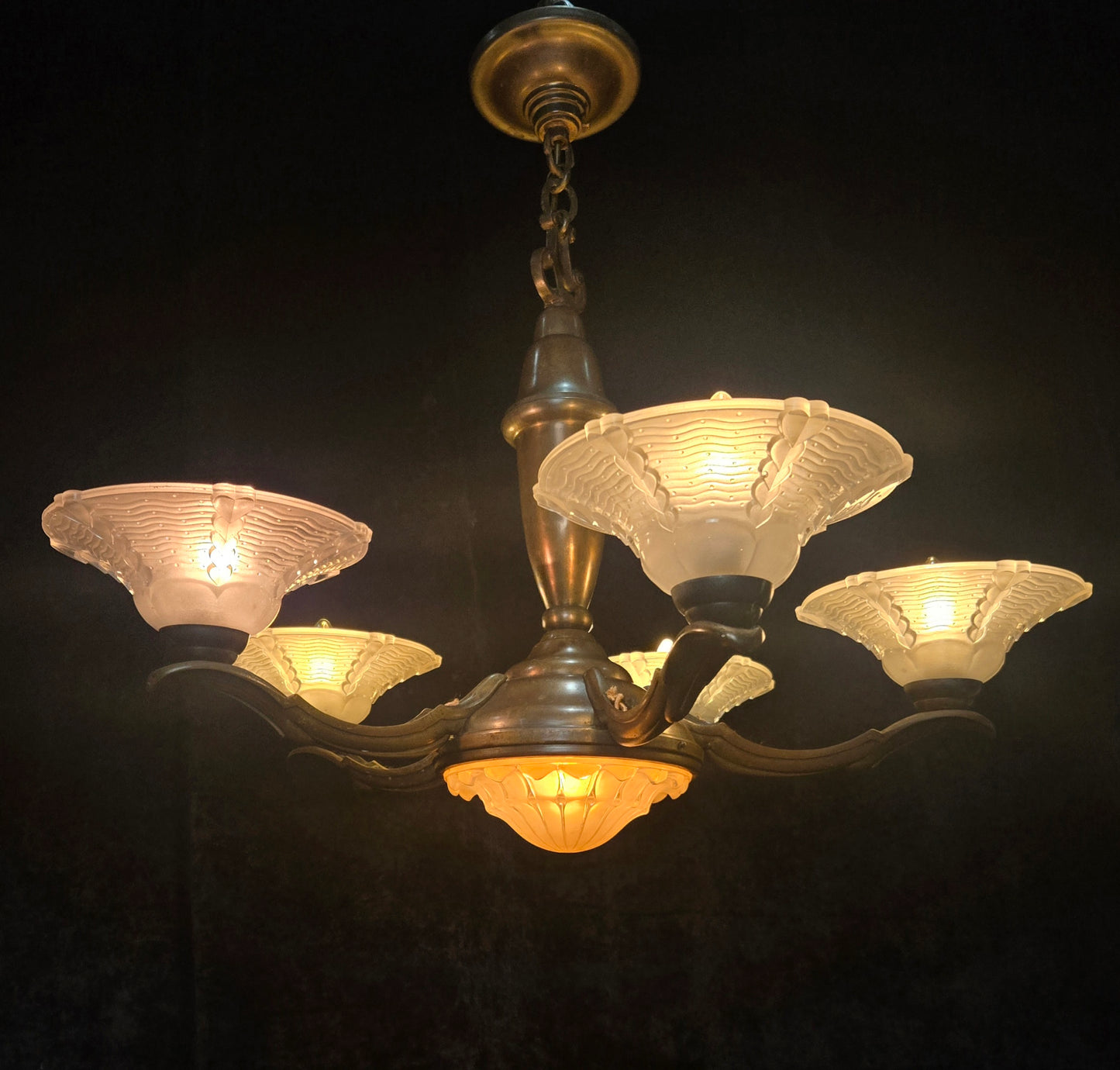Large Antique French EZAN Art Deco 5 Arm 6 Light Brass Heavy Chandelier Light