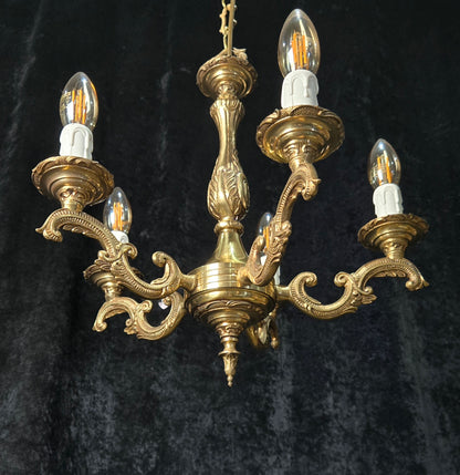 Classical Vintage French 5 Arm Brass Rococo Style Chandelier Ceiling Light